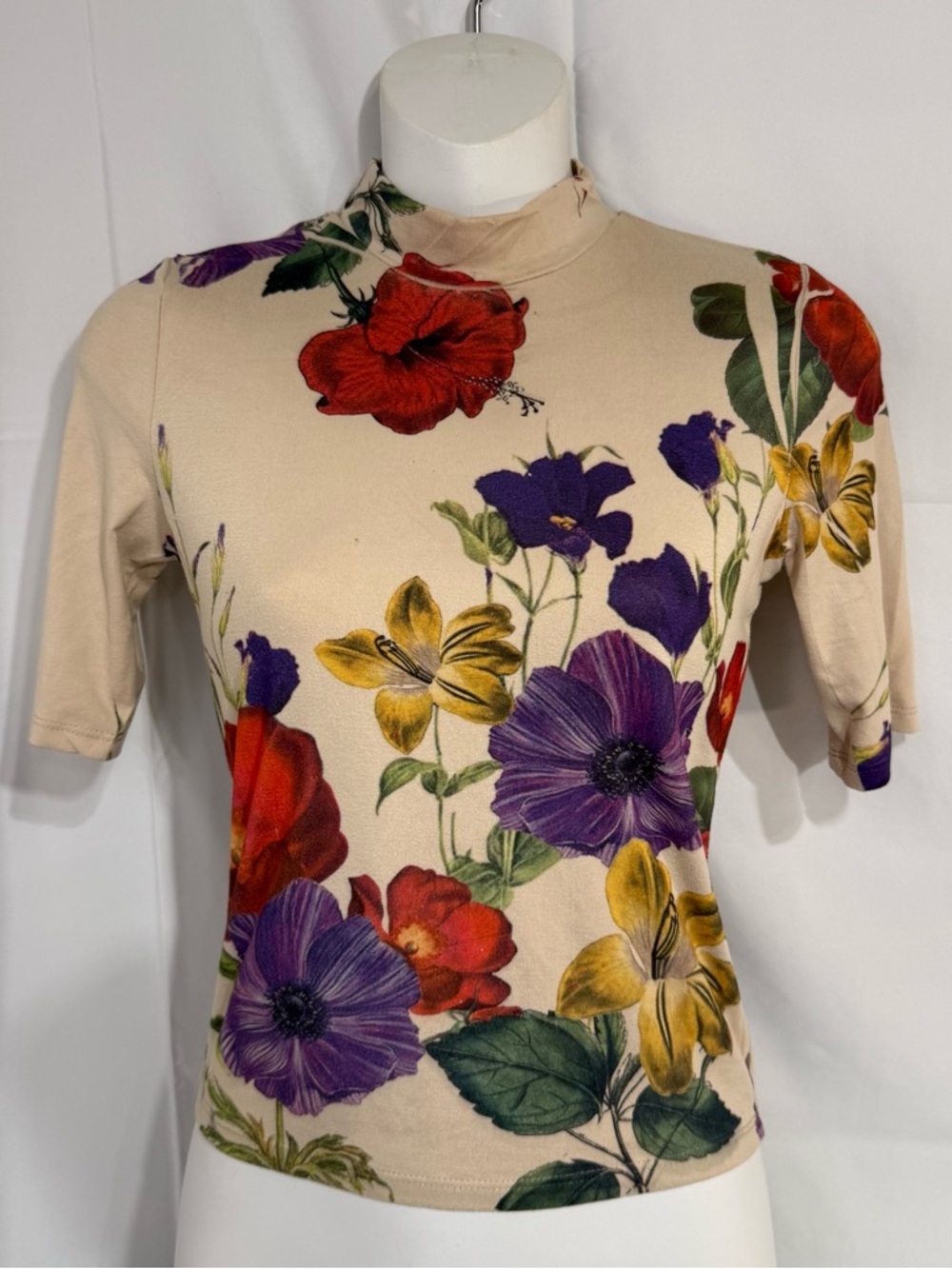 Vintage Y2K Floral Mock Neck Top XS Fitted Stretch Garden Print